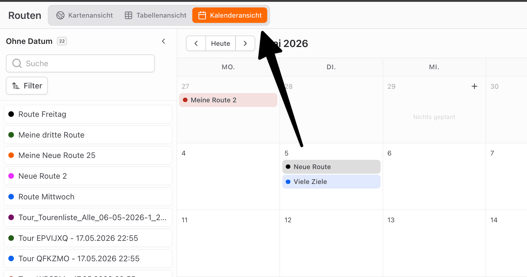 Calendar view for routes