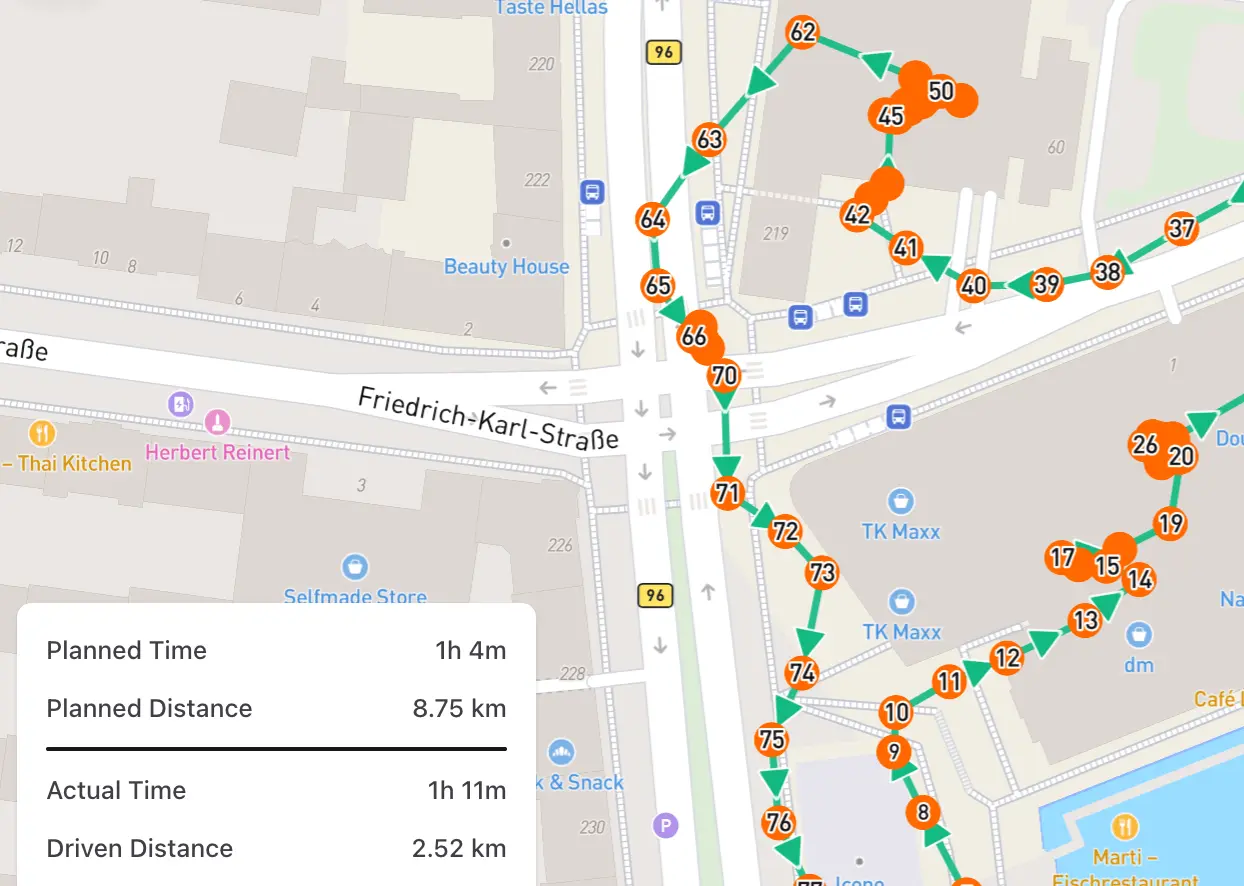 Vastgelegde route met locaties
